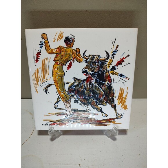Vintage Tile CERAMIC BULLFIGHTER  MADE IN SPAIN 6" X 6" Tile Matador And Bull - Picture 5 of 8